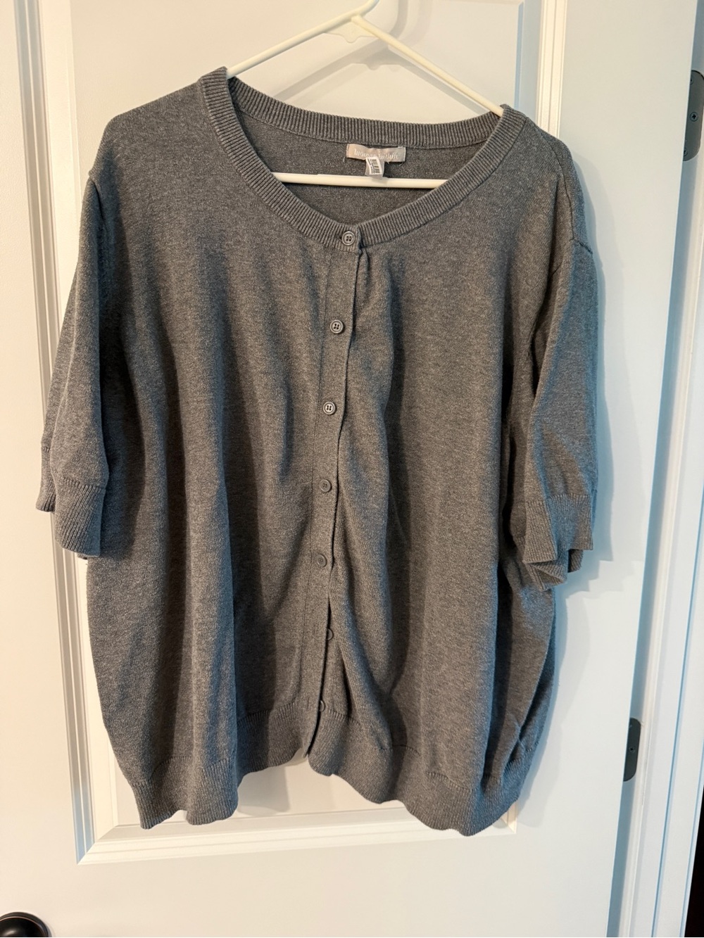 Woman Within Gray Button-Front Short Sleeve Cardigan